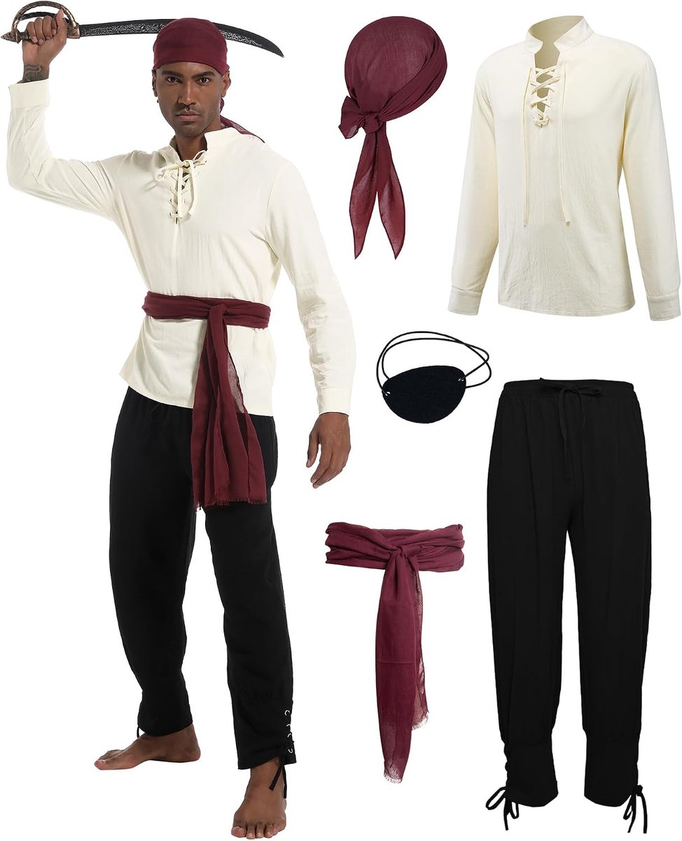 5 stuks piratenkostuum accessoireset, middeleeuws piratenkostuum voor heren met bandana tailleriem ooglapje voor Halloween kapitein carnaval.