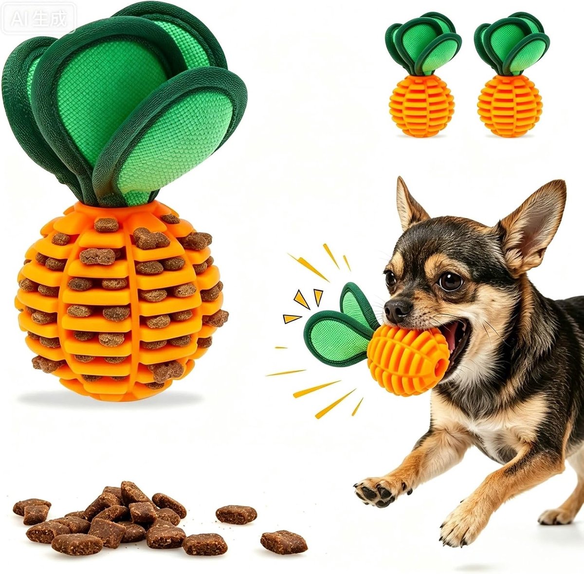 Verpakking van 2 stuks, onverwoestbaar, 3-in-1 kauwspeelgoed, hond met tandverzorging, pieper en lekkernijen-functie, natuurlijk rubber, interactief puppyspeelgoed