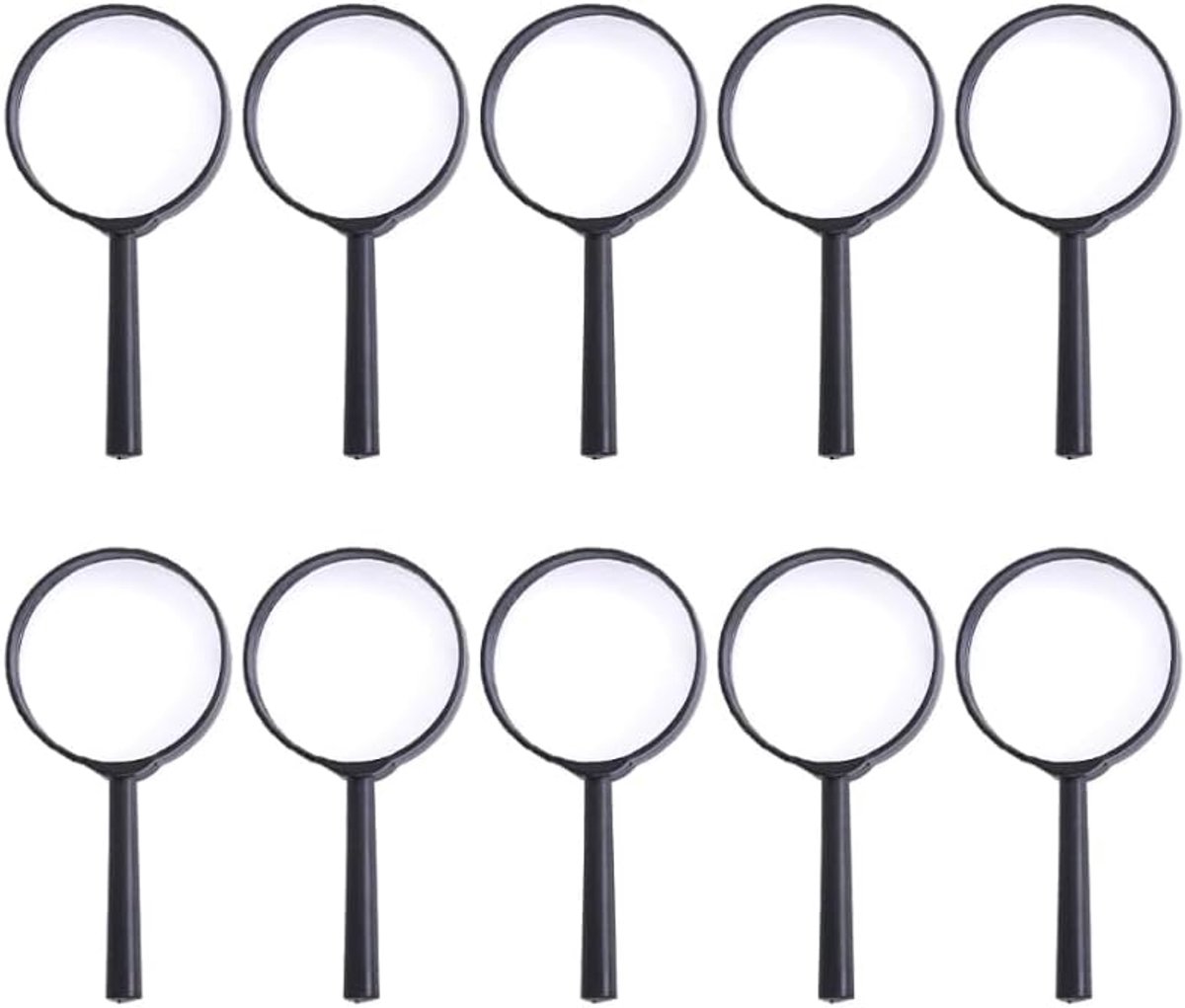 Vergrootglas voor kinderen, 10 stuks, 5-voudige vergroting, 60 mm, vergrootglas voor kinderen, zwarte kunststof handloep voor detectief, set kinderen, natuurverkenning, lezen, bekerloep voor