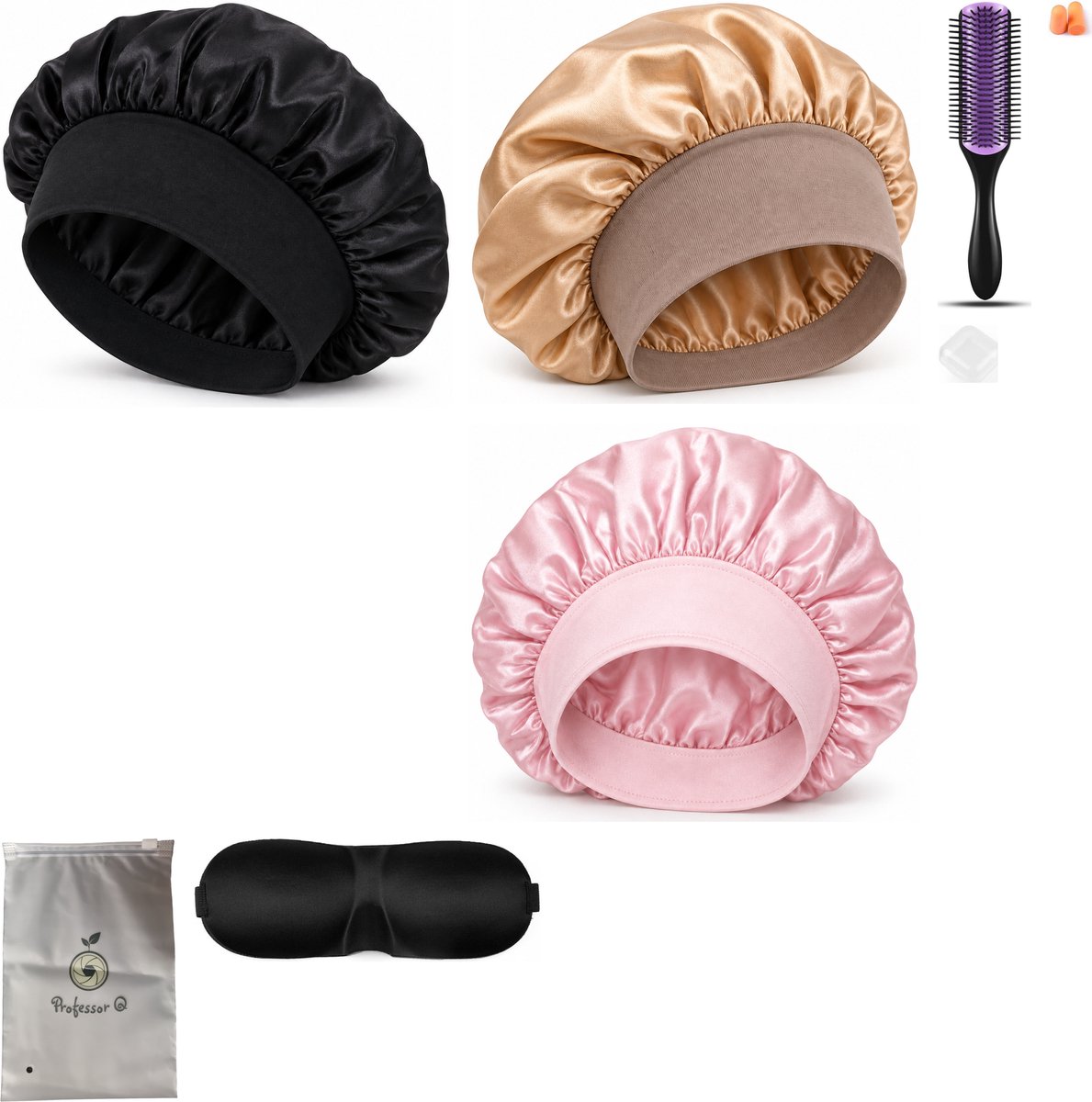 Professor Q Haarverzorgingsset - Bonnet Roze - Bonnet Zwart - Bonnet Goud - Purple Black Borstel - Slaapmasker Zwart