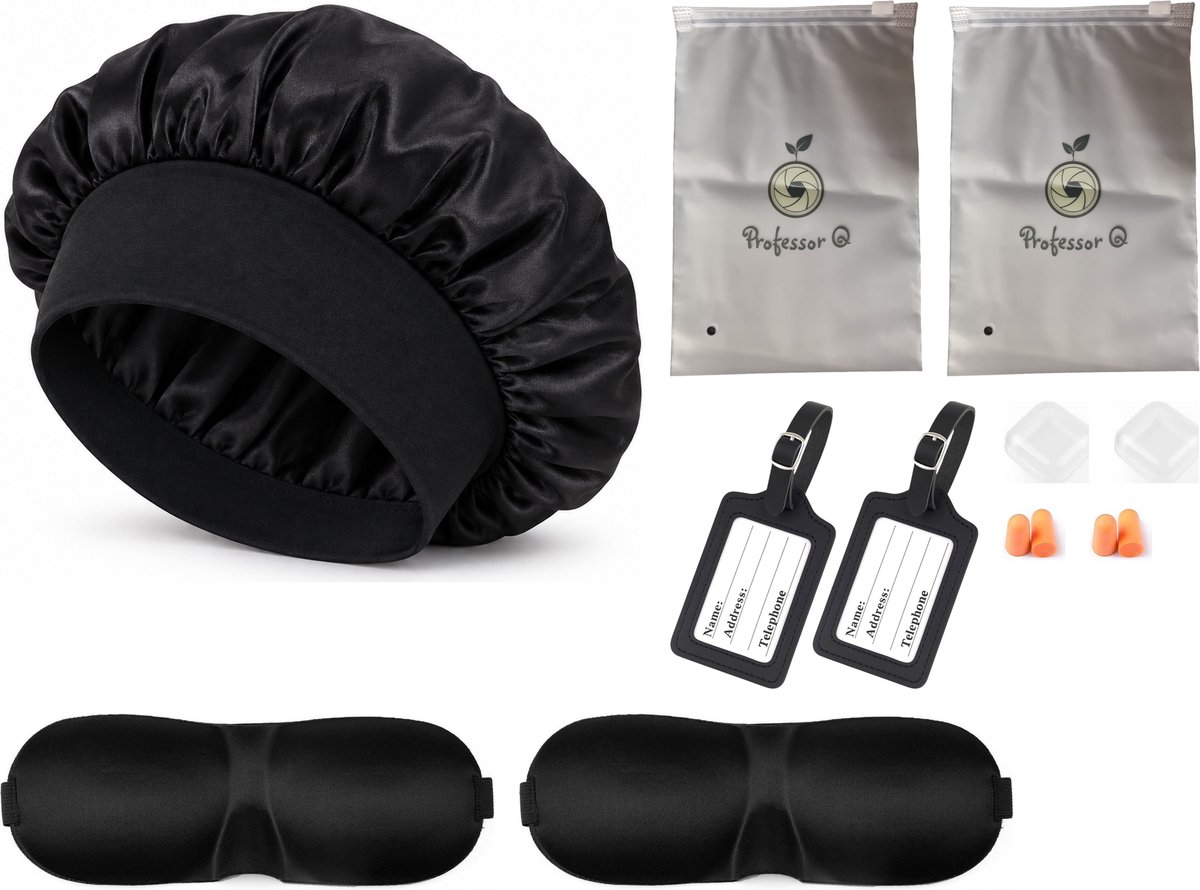 Professor Q Reisset Duo - 2 PU-Kofferlabels Zwart - 2 Slaapmasker Zwart - Bonnet Zwart