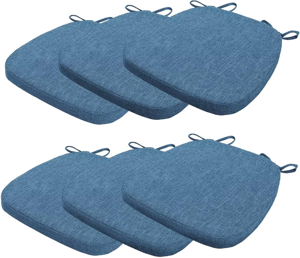 Set van 6 stoelkussens, 40 x 38 x 3 cm, met banden, wasbaar zitkussen, antislip, afneembare overtrek met ritssluiting, ideaal voor thuis, kantoor, keuken, eetkamer, donkerblauw