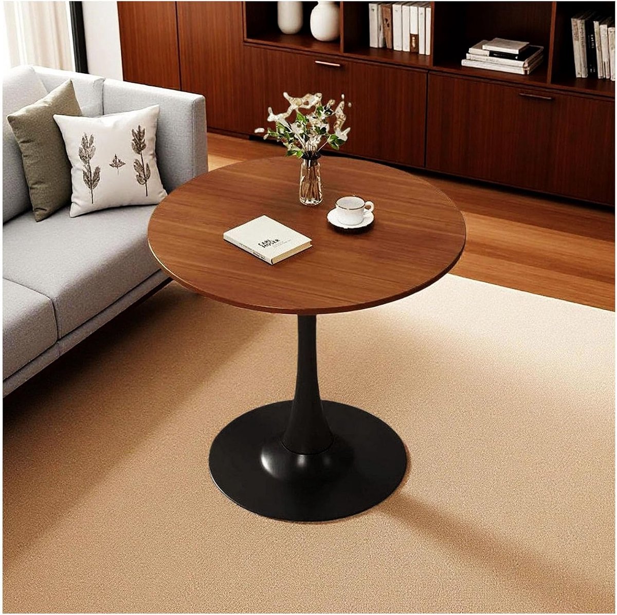 Houten eettafel, kleine tulpentafel voor 2-4 personen, retro walnoot keukentafel voor keuken, vrije tijd hout midden eeuw moderne tafel met metalen voetstuk basis voor café, living ro(maat: 60 x