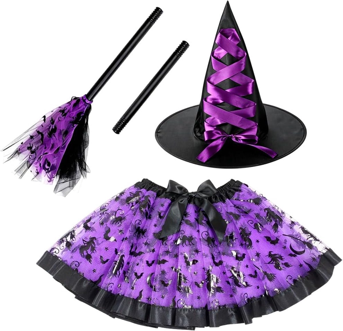 Heksenkostuum meisjes, Halloween pompoen rok tutu, heks pompoen kostuum vleermuis, met hoed en heksenbezem, voor cosplay, feest, carnaval, paars