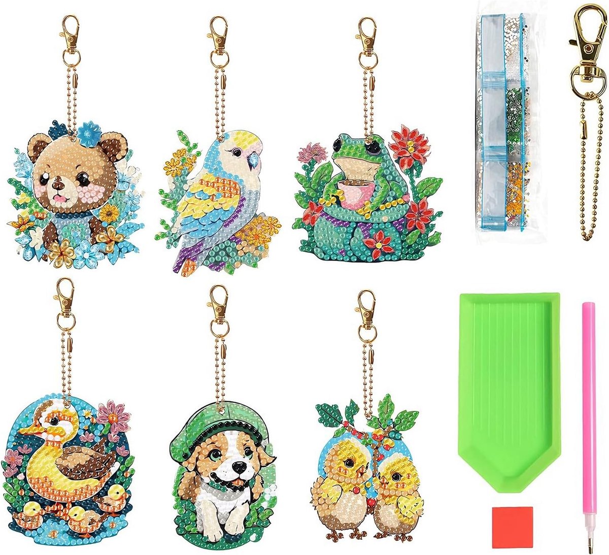 Hehongshun Diamond Painting sleutelhanger voor volwassenen, doe-het-zelf diamond painting, 6 diermotieven, complete set, eenvoudig te maken, doe-het-zelf decoratie met sleutelhanger voor volwassenen