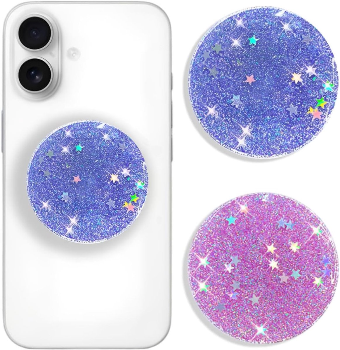 2 stuks uittrekbare telefoonhouder en handgreep, uittrekbaar, voor mobiele telefoons, tablets, selfies, video's, paars/blauw, 2 stuks