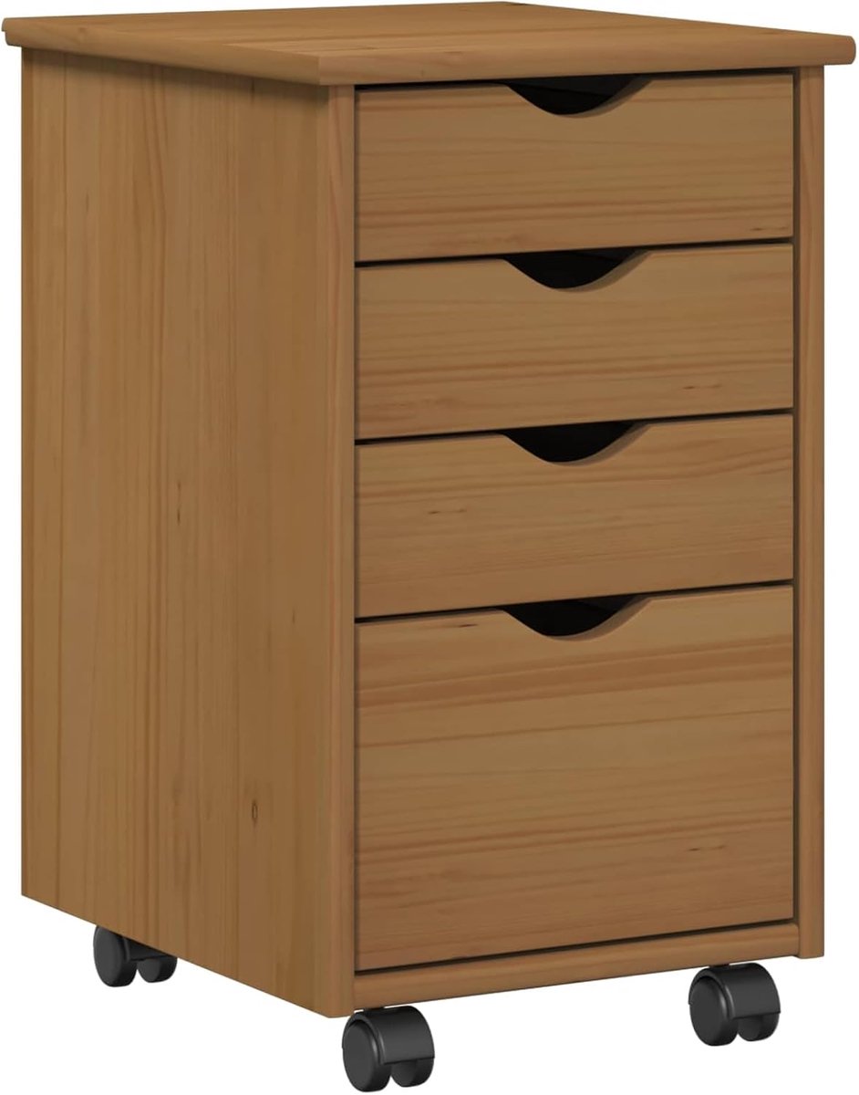 Rolkast honingbruin van massief grenenhout, 34 x 39 x 56 cm, met soepel glijdende laden en verzonken handgrepen voor ruimtebesparende opslag op kantoor