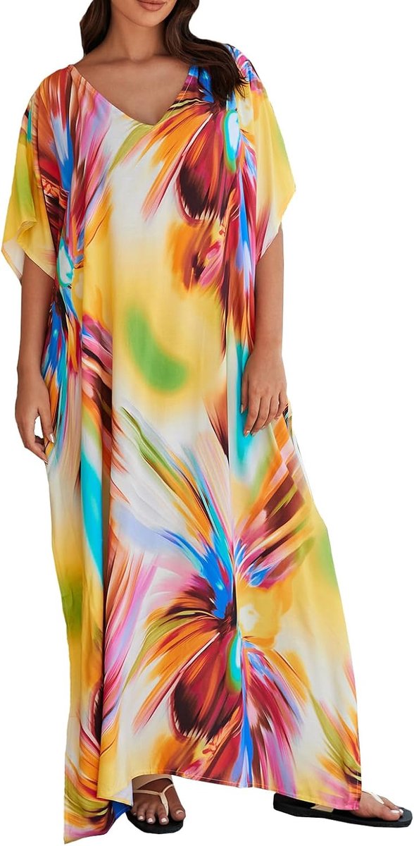 strandponcho voor dames, etnische print, losse kaftan, smock, zomer, maxi-jurk, Geel vuurwerk, Eén maat