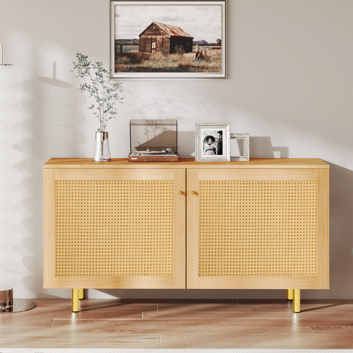 Rieten sideboard - dubbele deuren - ruime opbergruimte - geschikt voor eetkamer - rustiek ontwerp - natuurlijk houtlook H63xB120xD40 cm