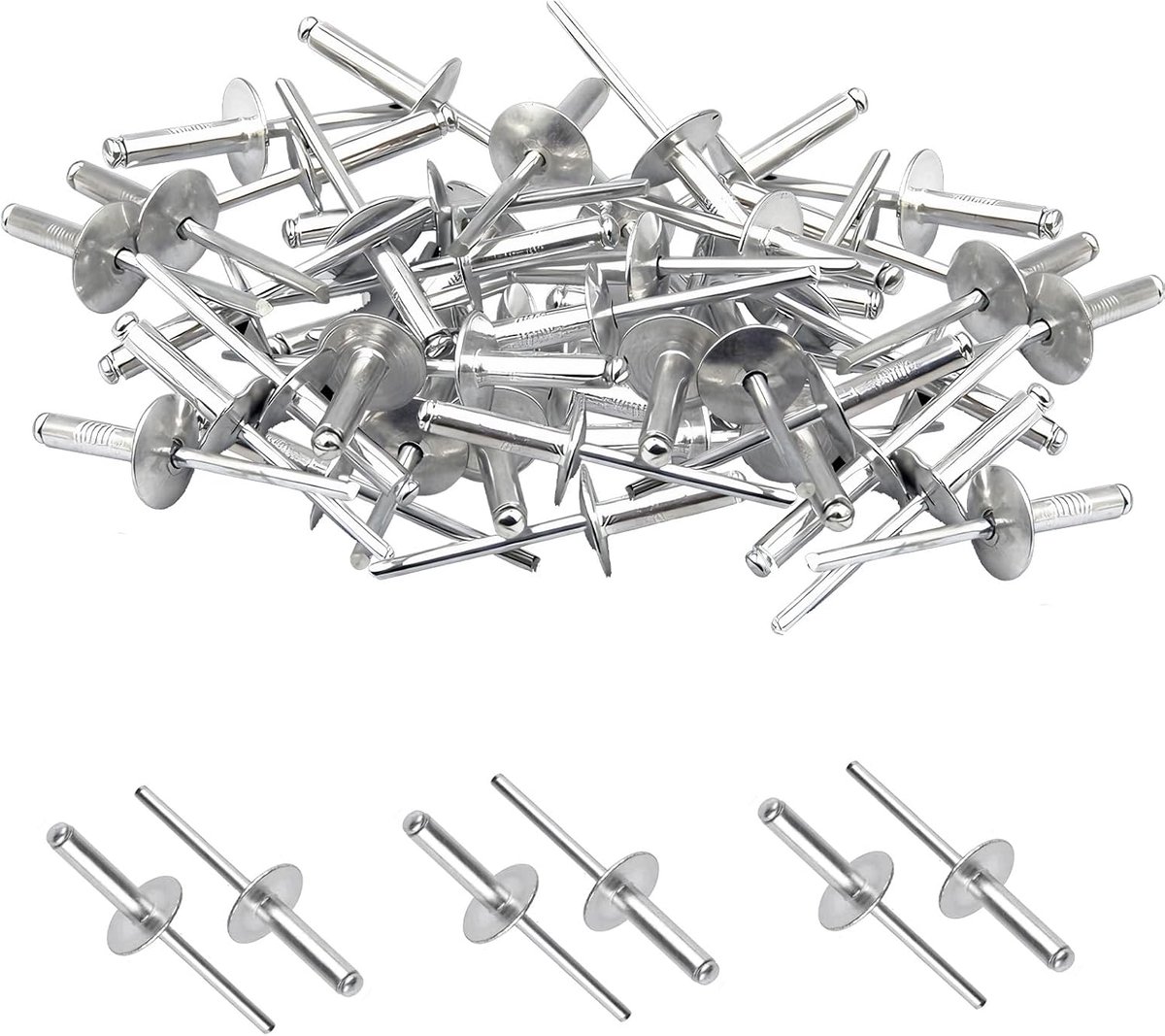 50 stuks blindklinknagels van aluminium, grote flens 4,8 mm x 20 mm, klinknagels en aluminium, blindklinknagels van aluminiumlegering voor binnen- en buitentoepassingen (zilver, M4,8 x 20)