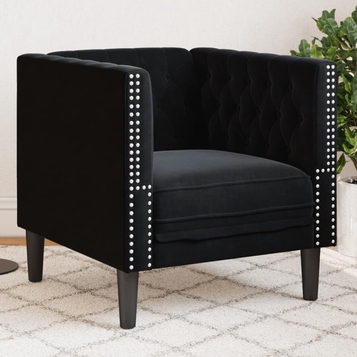 Zwart fluweel met klassieke knoopstiksels en zachte velours stof voor stijlvolle woonkamer ontspannen lezen televisie comfortabele bekleding stabiele poten