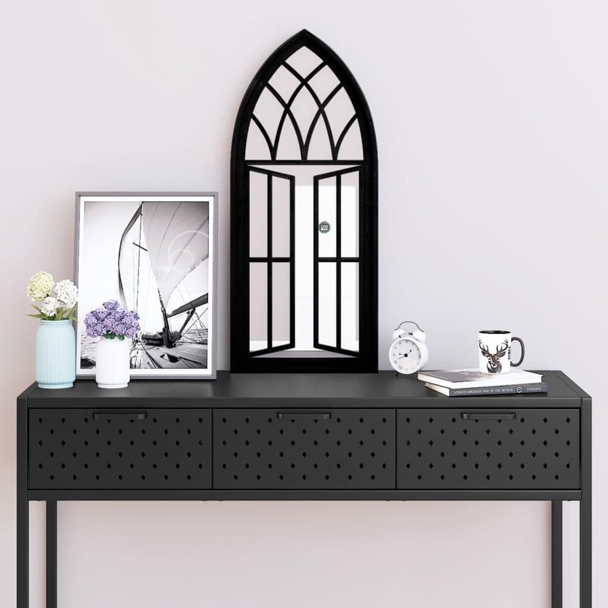 Zwart, 70 x 30 cm, ijzer, voor binnen, met robuust frame en antiek roesteffect, decoratieve wandspiegel, eenvoudig te monteren, voor stijlvol interieurontwerp
