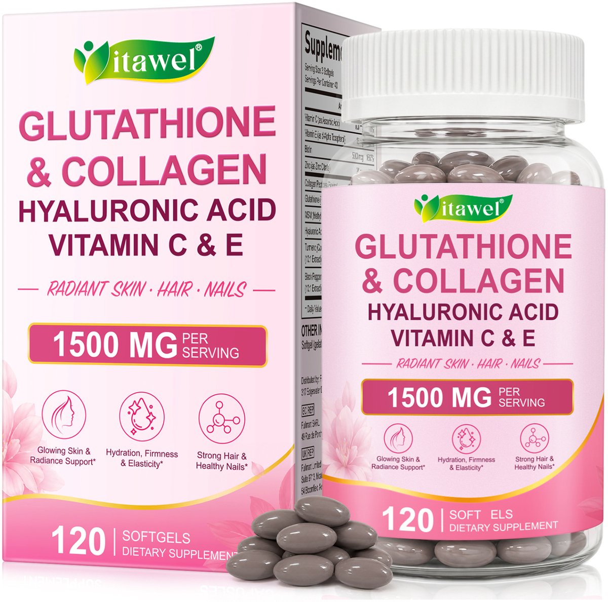 Itawel Glutathione & Collagen – 120 Softgels – 1500 mg per Portie – Hyaluronzuur, MSM, Biotine, Zink, Vitamine C & E