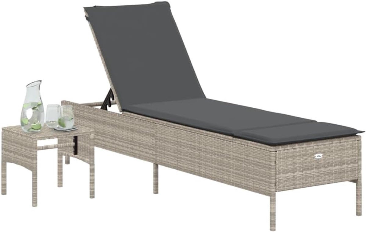 Zonneligstoel met tafelkussen, ligstoel, relaxstoel, rotan ligstoel, ligstoel, tuinmeubelen, lichtgrijs, polyrotan