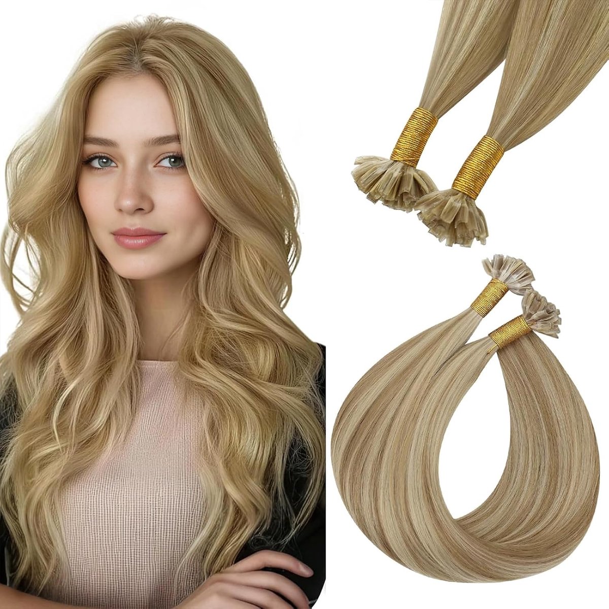 Haarextensions, keratine, lichtblond, highlights, gebleekt, echt Remy-haar, onzichtbaar, 40 cm, 50 g, 50 strengen, #16P22