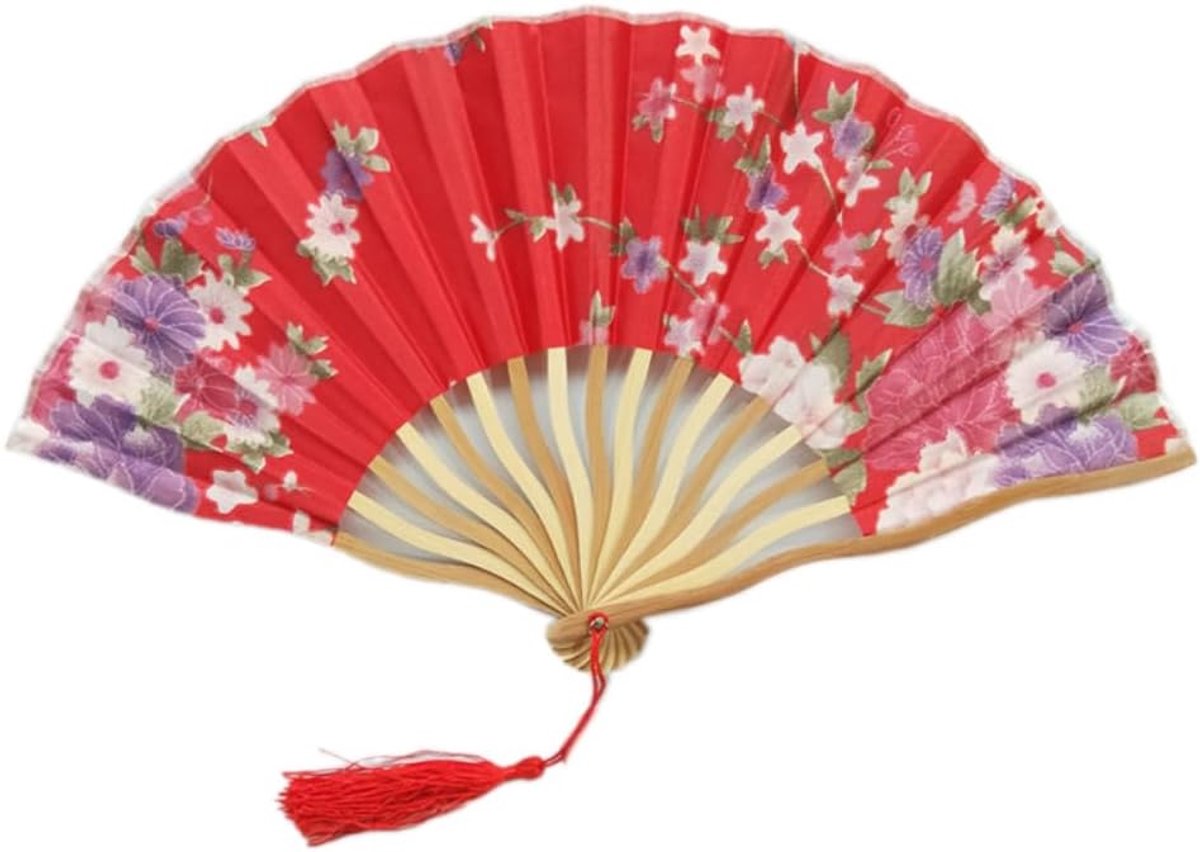 1 stuk Opvouwbare waaier, handbediende opvouwbare ventilator waaier, Chinese bloemen stof waaier met kwasten, voor bruiloft, feest, podiumoptreden, wanddecoratie, rood