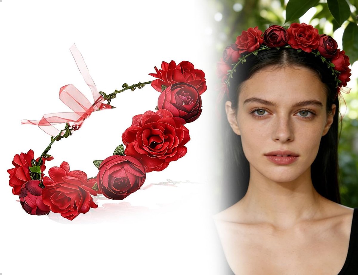 1 x verstelbare kunstbloemenkrans voor het haar, elegante bloemenslinger met elastische band, goed accessoire voor bruiloften, fotoshoots, feestjes en speciale gelegenheden (rood)