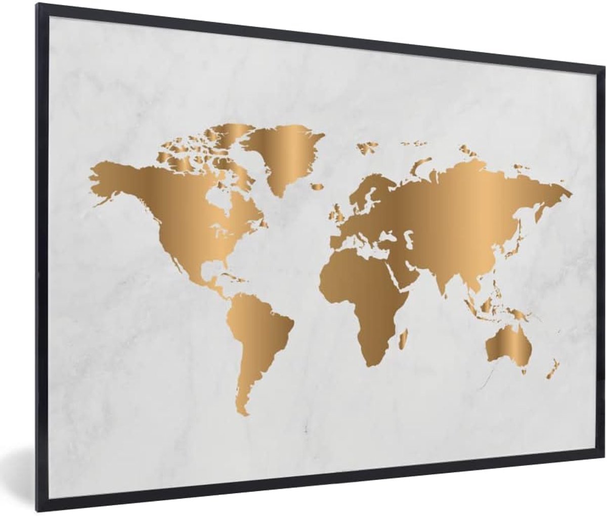 Poster met Lijst - 90x60 cm - Wereldkaart - Goud - Marmerlook - Luxe - Design