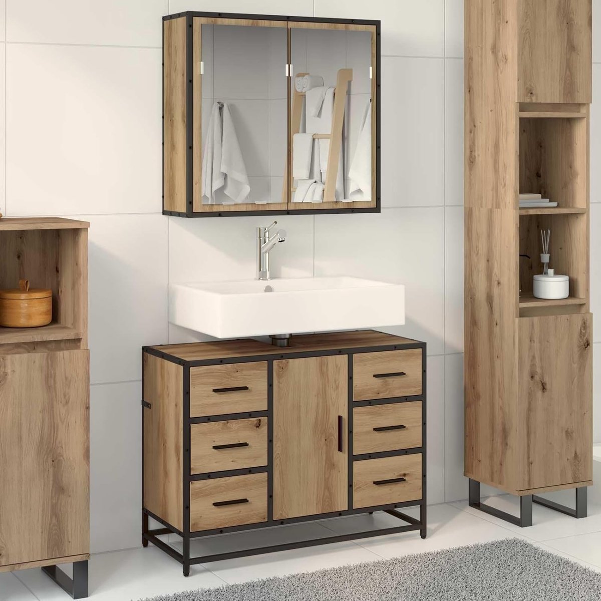 Badkamermeubelset 2 STK. Artisan eiken 80 x 33 x 60 cm met spiegel