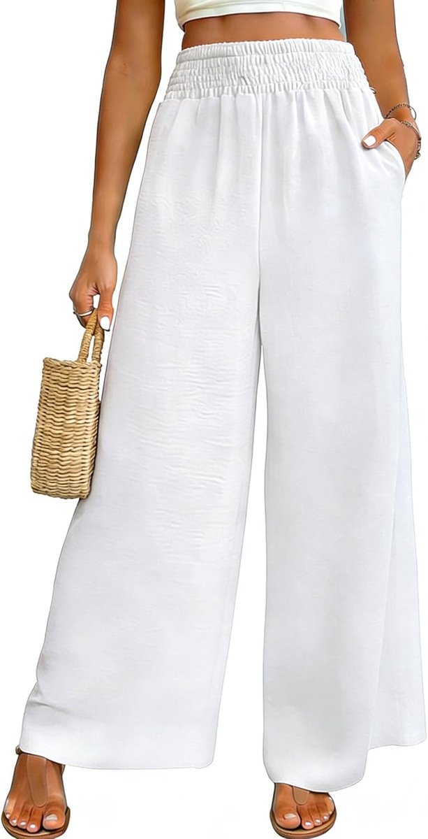 zomerbroek voor dames, brede broek, hoge taille, elastisch, strandbroek, Palazzo met zakken voor dames, overall, broek met rechte pijpen