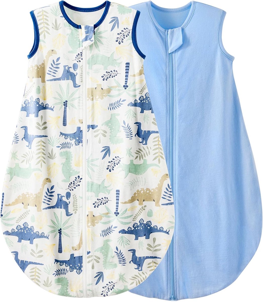 Baby Slaapzak 2-Pack 0,5 TOG Slaapzak, Baby Zomerslaapzak 100% Katoen Baby Draagbare Deken Unisex Peuter Pasgeboren Slaapzak 6-18 Maanden, Dinosaurus & Blauw