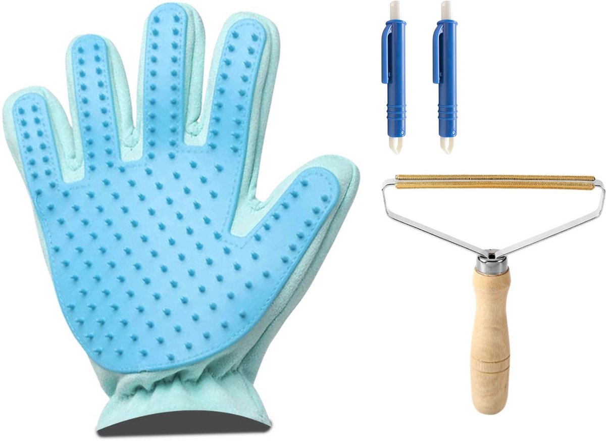 Professor Q Vachtverzorgingsset - Handschoen Lichtblauw - 2 Blauwe Tekenpincetten - Pluizenverwijderaar
