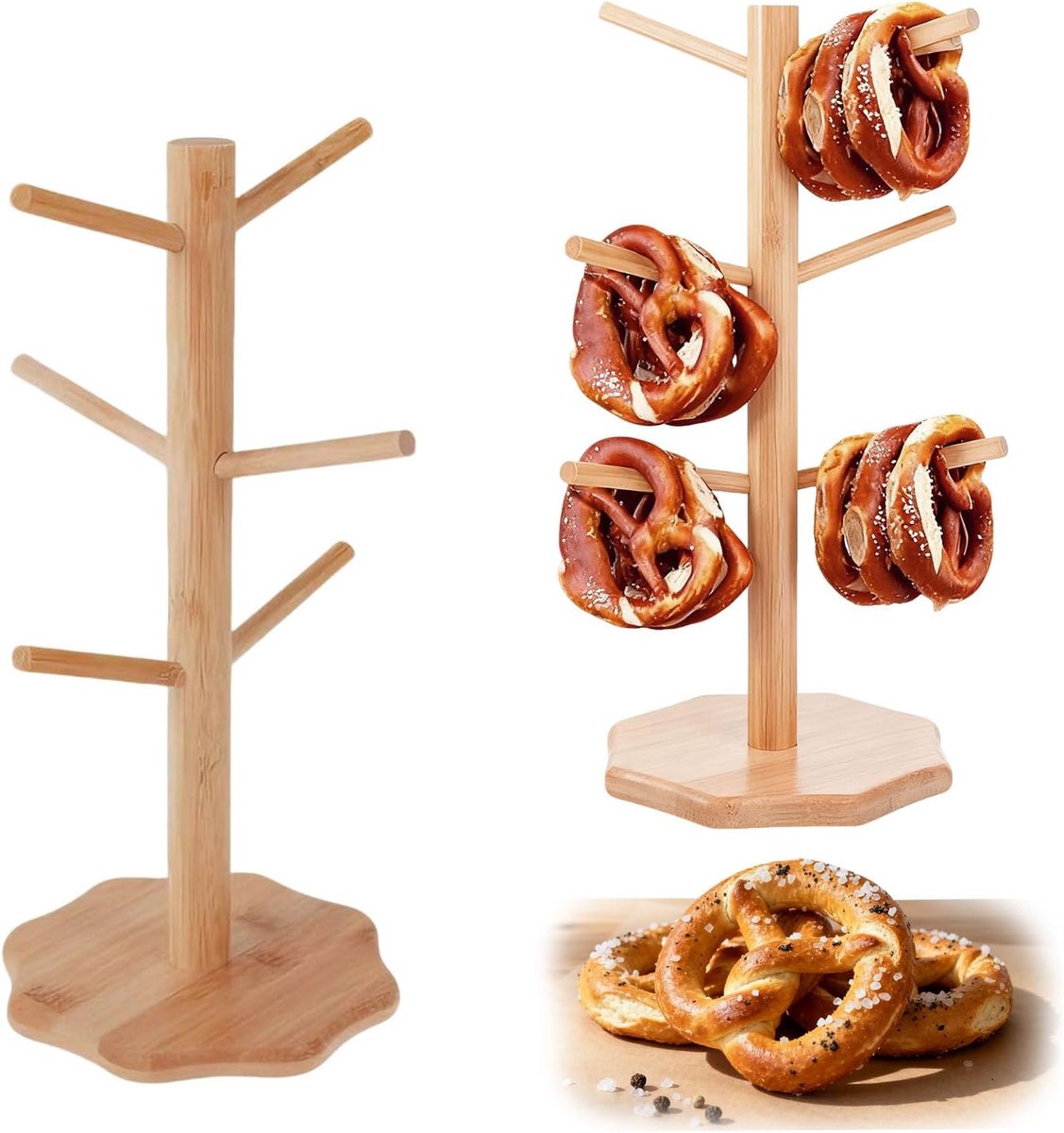 2 stuks Brezelstandaard, 6-armige houten pretzelstandaard, bekerstandaard, donutstandaard, 16 x 34 cm, knoezelboom, worststandaard, bekerhouder voor koffiebar, keuken, feesten, café, bar