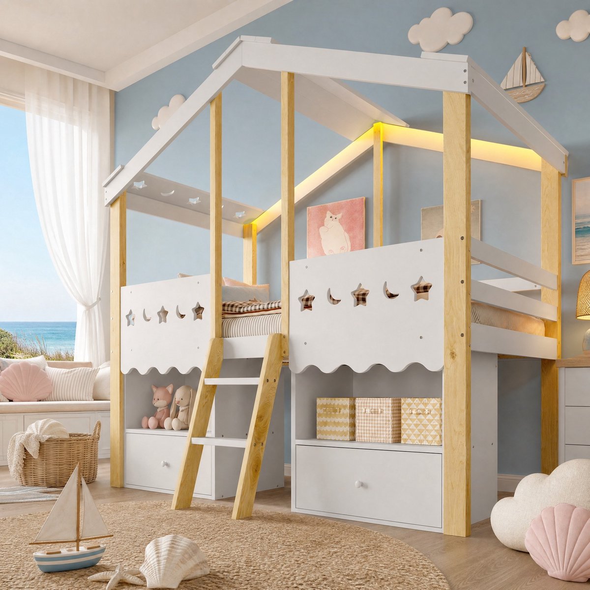 WUVRIE Halfhoogslaper 90x200 cm in huisvorm met 2 lades, LED-verlichting en ladder, wit/naturel Wit en naturel