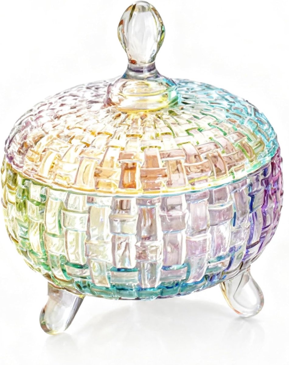 26oz Snoepschaal, Decoratieve Glazen Pot met Deksel, Elegante Glazen Koektrommel Fancy Sieradendoos Levendige Kleuren Snoepschaal Home Decor voor Chocolaatjes Koekjes Noten (COLORFUL)