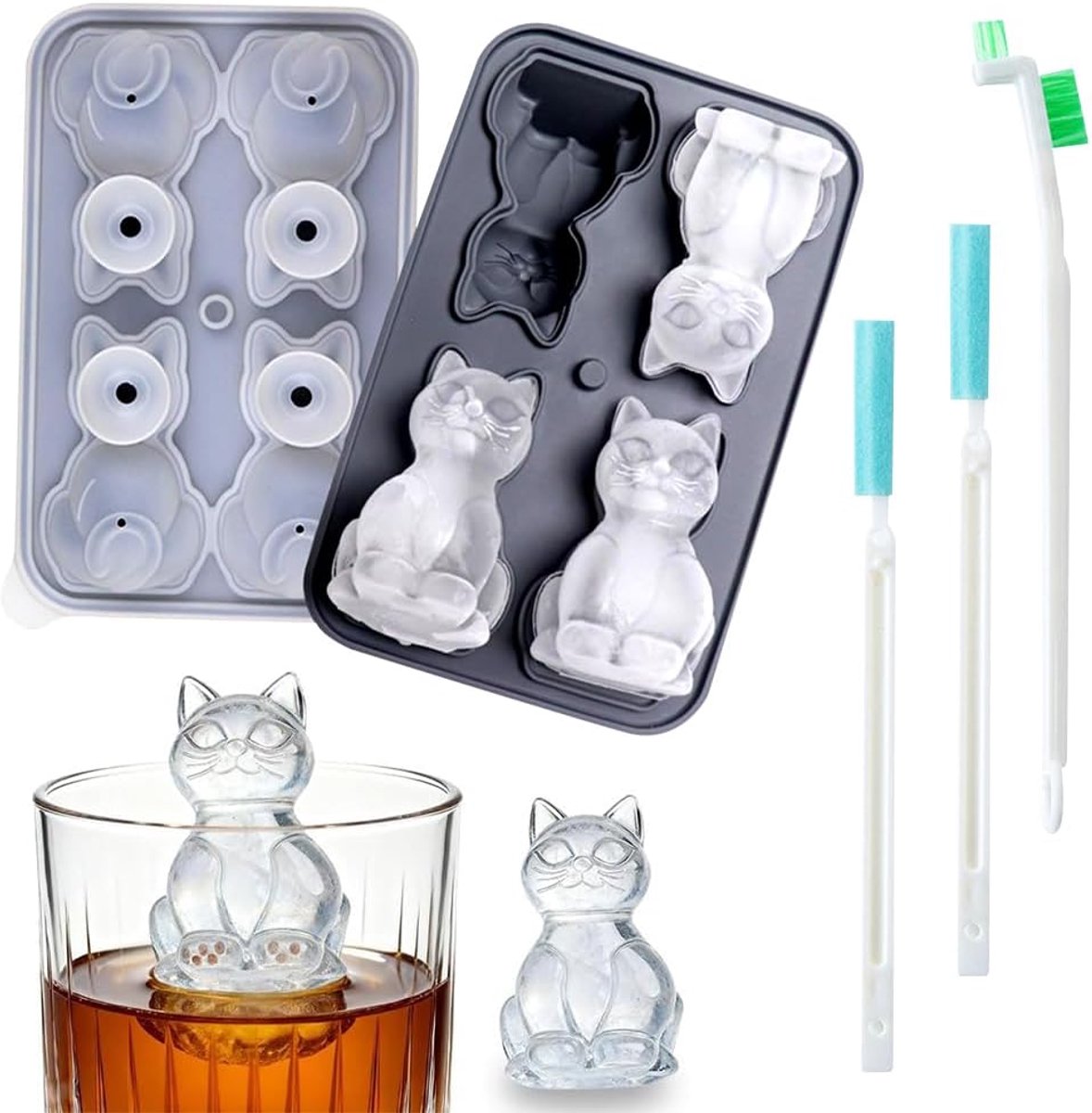 ijsblokjesvorm, grote ijsblokjesvorm, 4-voudige ijsblokjesvorm, wordt geleverd met 3 reinigingsborstels, ijsblokjesvorm voor ijs, whiskey, cocktail, sap, koffie, ijsbolvorm