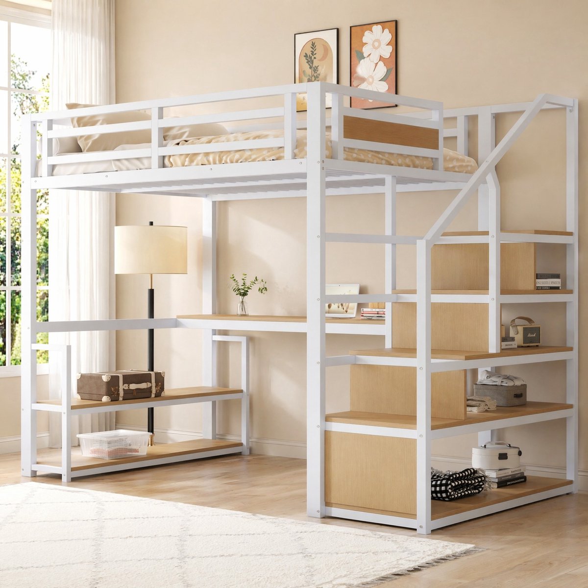 WUVRIE Hoogslaper 140x200 cm met bureau, opbergtrap, legplanken en uitvalbeveiliging, wit