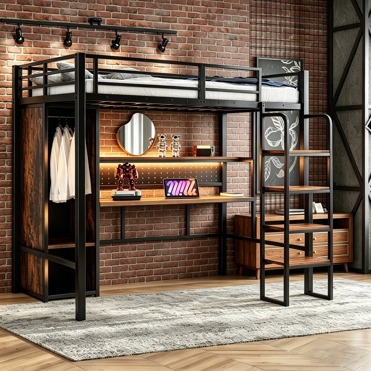 WUVRIE Hoogslaper 90 x 200 cm met bureau, kledingkast, LED-verlichting en opbergrek, zwart
