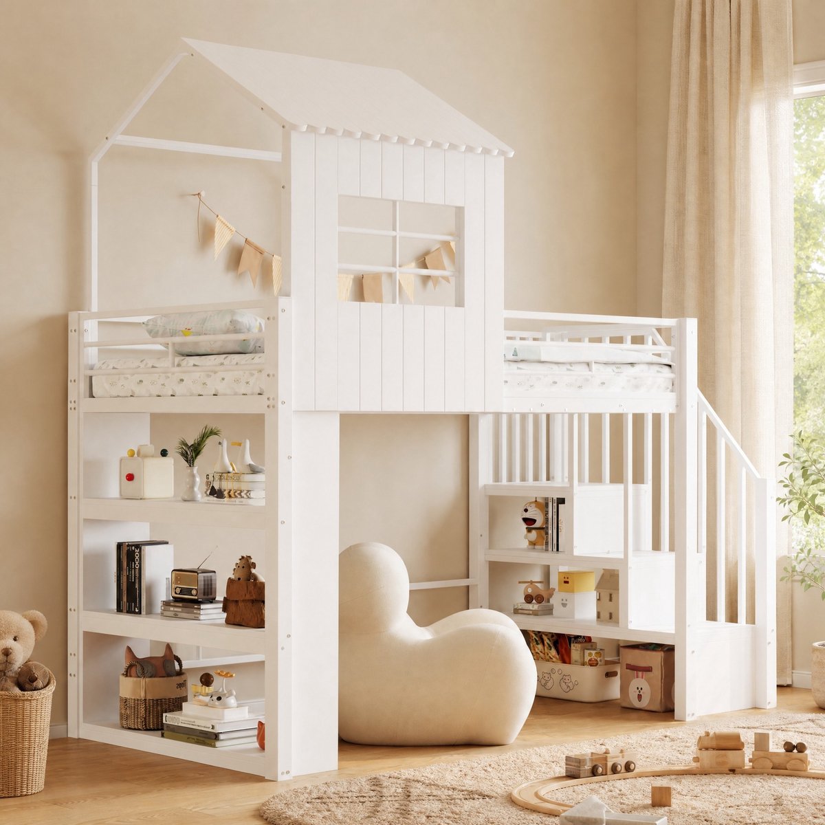 WUVRIE Hoogslaper 90x200 cm in huisdesign met opbergtrap, open rek en uitvalbeveiliging, wit
