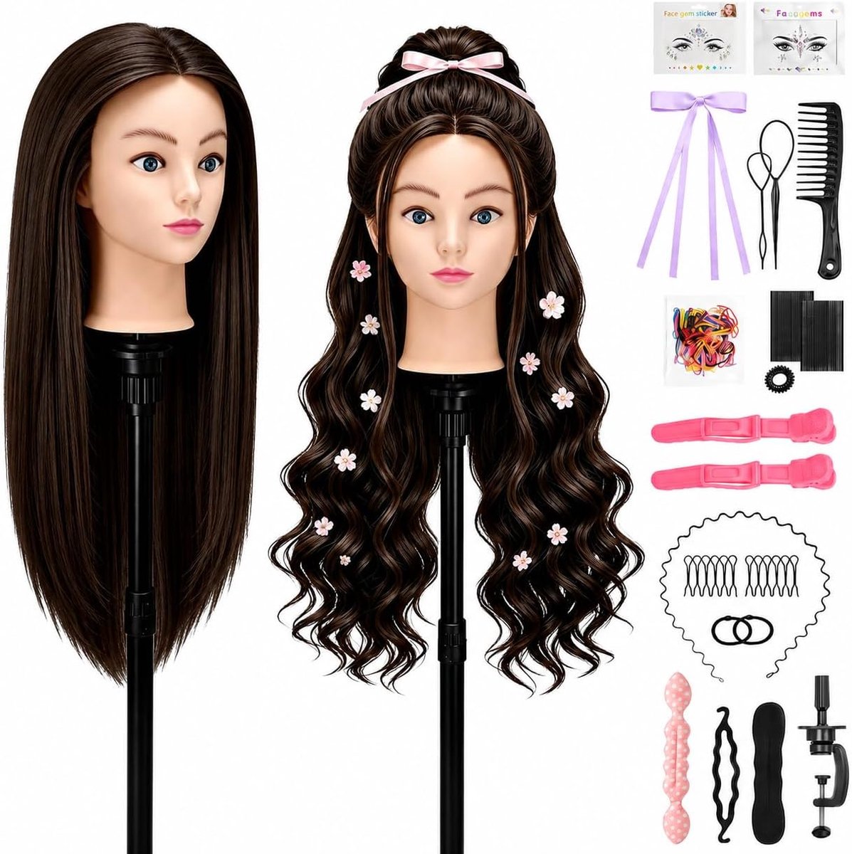 61 cm kapperstrainingshoofd, 80% echt haar, mannequin hoofd, poppenhoofd voor haarstyling en vlechten, haaroefenhoofd met tafelklem + doe-het-zelf vlechtset (bruin)