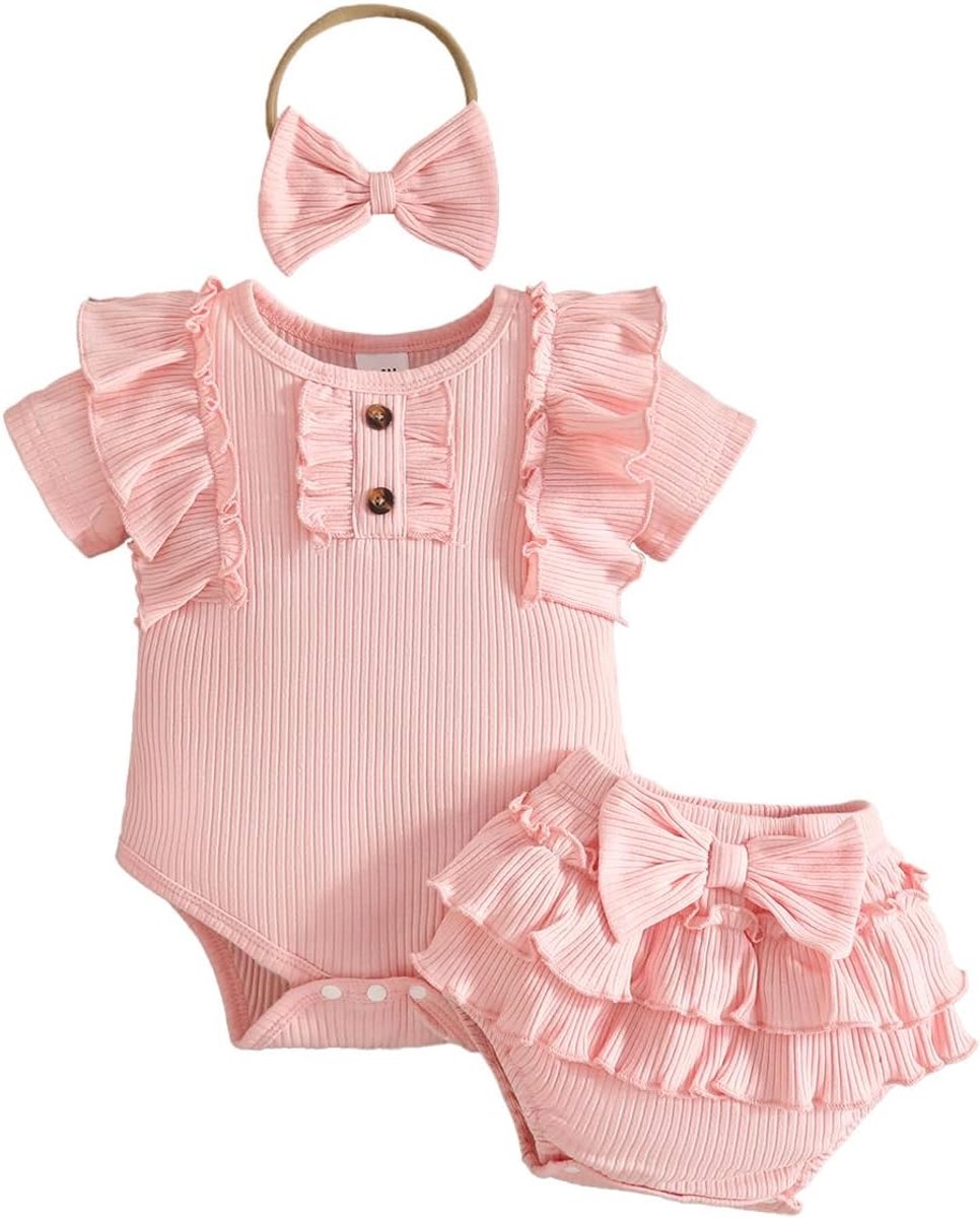 Zomeroutfit voor pasgeborenen voor meisjes, met ruches, korte mouwen, top met strik, tutu, rok en hoofdband en sokken, schattige kledingset