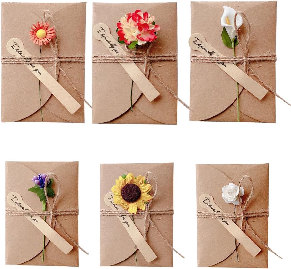 Wenskaarten, ansichtkaarten, retro enveloppen, kraftpapier, gedroogde bloemen, versierd, 3D-kaart met enveloppen van kraftpapier, retro design, versierd met gedroogde bloemen, 2 maten.