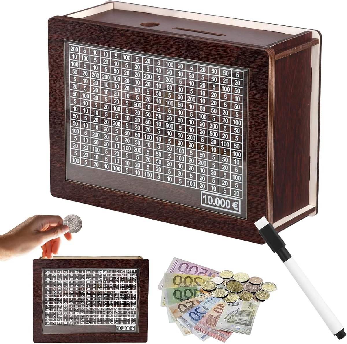 Spaarpot van hout, spaarpot met teller, spaarpot met cijfers aankruisen, spaarvarken van hout met teller, herbruikbare spaarpot, voor volwassenen en kinderen, met spaardoel (€ 10.000)