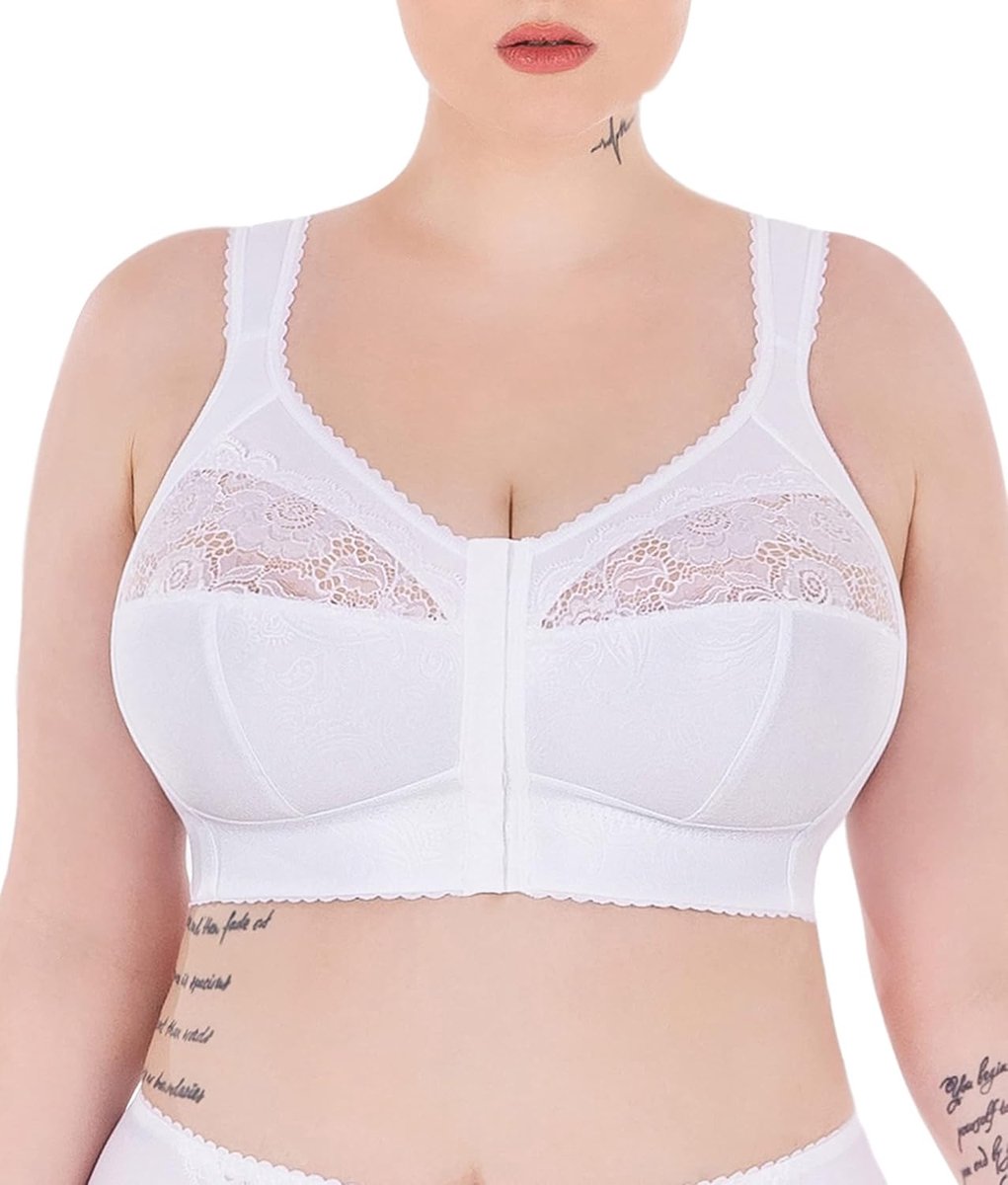 Full Cup, Soft Minimizer, zonder beugel, met voorsluiting, met kant, grote maten, brede bandjes, katoen gelamineerd, zachte, stabiele ondersteuning, grote borsten, comfortabel, wit, 95C