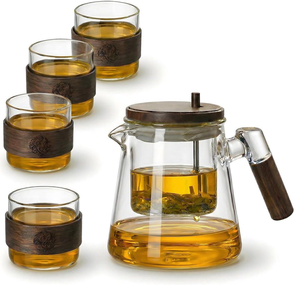 Theepot van borosilicaatglas 800 ml met drukknopzeef, vaatwasmachinebestendige theeset met 4 kopjes, ideaal voor losse thee en als cadeauset