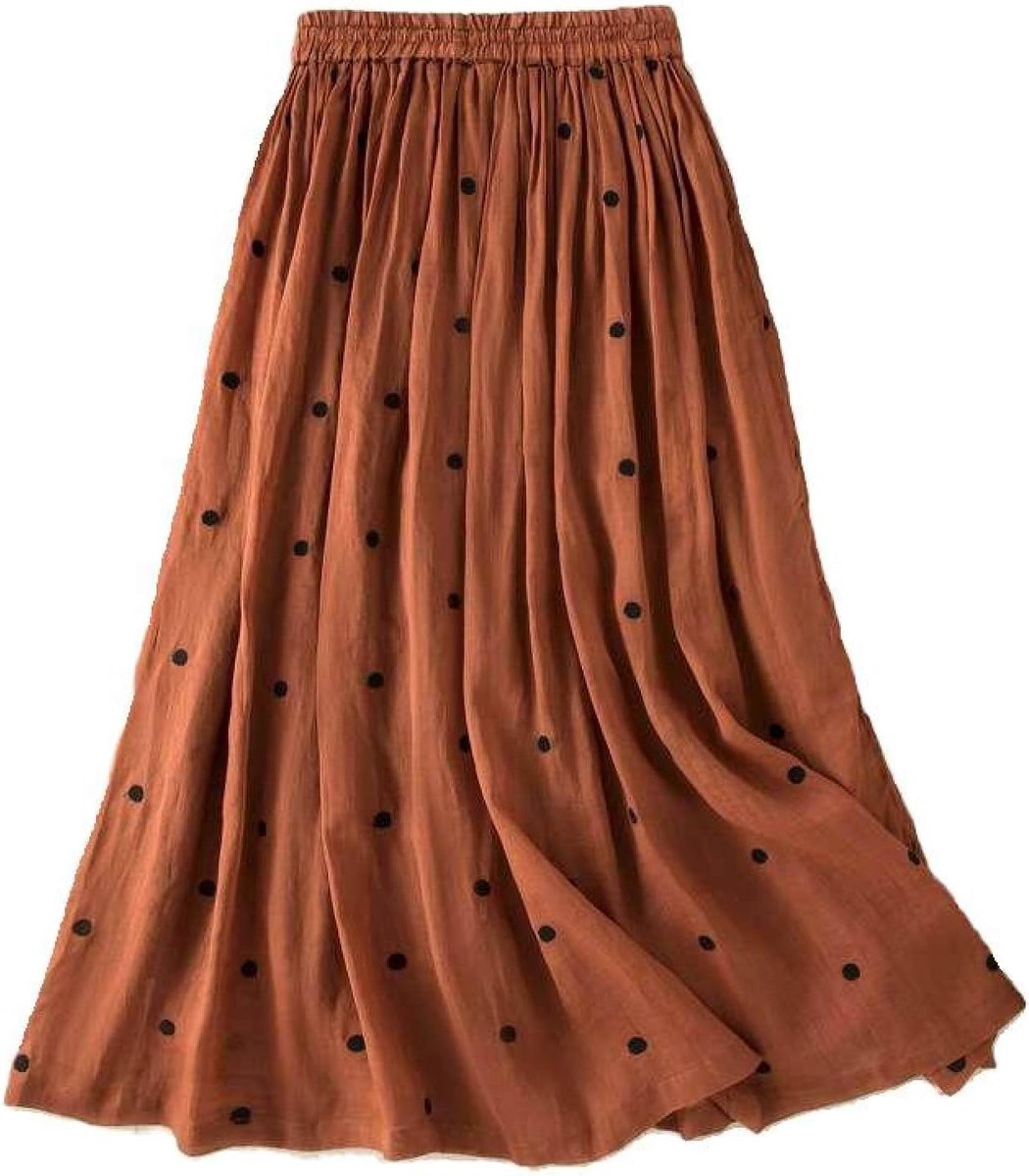 Katoenen Linnen Swingrok - Zomer Polka Dot Print Veelzijdige Slanke Plooirok, Retro Elastische Taille Grote Maat Riem Gevoerde A-Lijn Lange Rok,Oranje,S