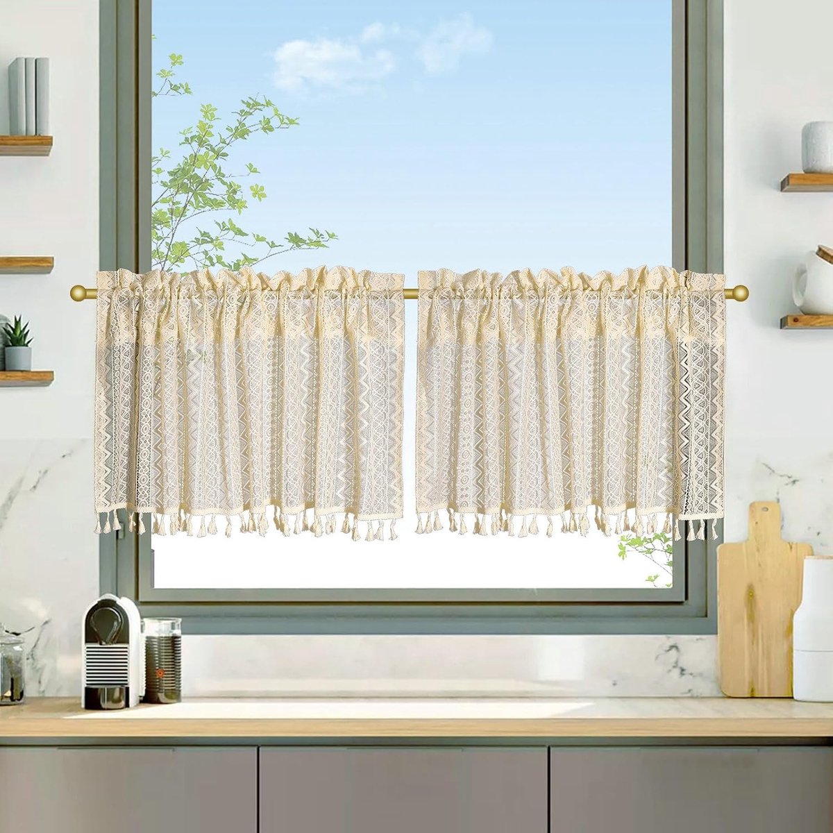 Korte gordijnen voor ramen, keuken, boho-stijl, met geometrisch patroon, 100 x 60 cm, korte vitrage, 2 stuks