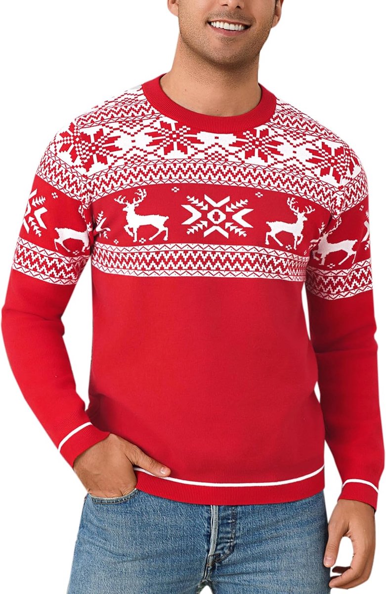 Kersttrui voor heren, ronde hals, kersttrui voor heren, zacht en comfortabel, lange mouwen, rendier, winter, elegante kersttrui