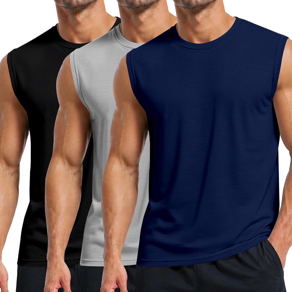 Katoenen sporttanktops voor heren, verpakking van 3 zonder mouwen, trainings-T-shirts, spiervest, ademende stretch shirts met ronde hals