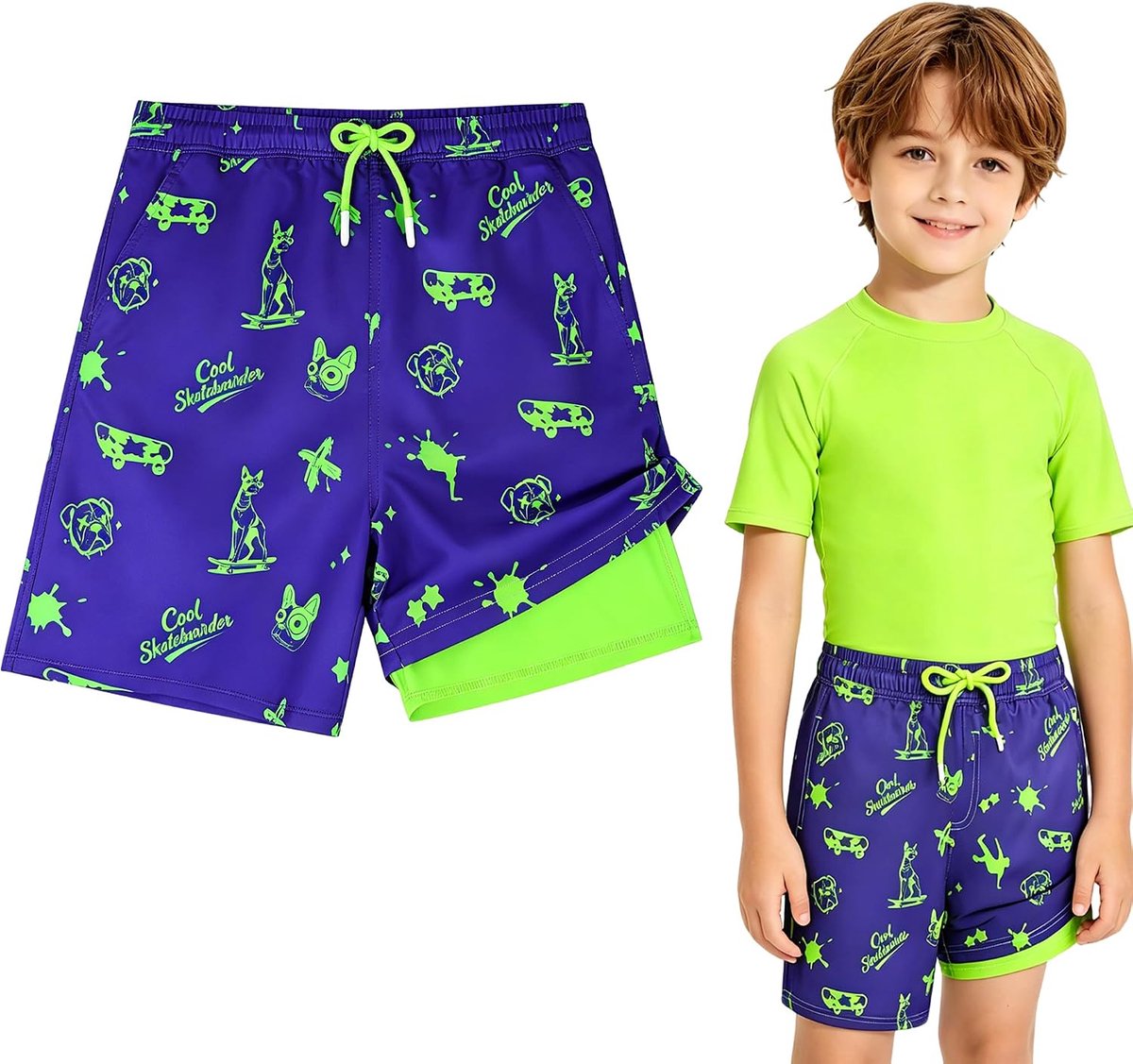 Zwemshorts voor kinderen, sneldrogend, met compressiecoating, 2-in-1 zwembroek voor jongens met zakken, verstelbaar trekkoord, strandshorts voor kinderen, voor zee, zwembad, surfen
