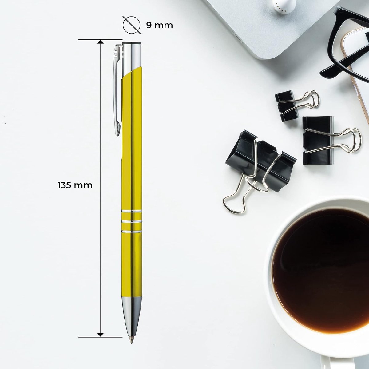 Balpen, 50 stuks, premium balpenset, hoogwaardig, pen voor makkelijk en zacht schrijven, blauwschrijvende balpen, geel als optische blikvanger