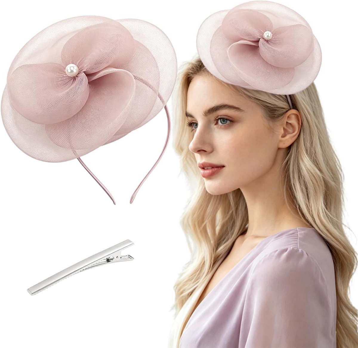 Naakte roze fascinator voor dames, verfijnd mesh hoofdsieraad, draagbaar met clip of hoofdband, voor bruiloften, races, theefeesten en formele bijeenkomsten