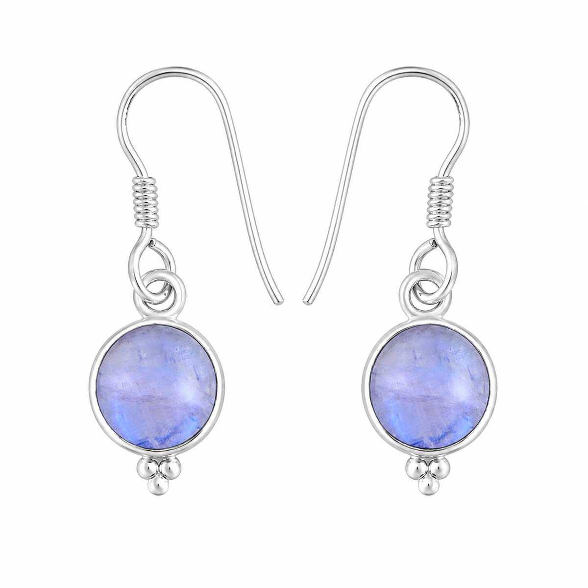 Oorbellen van 925 sterling zilver met ronde regenboogmaansteen en rawawerk