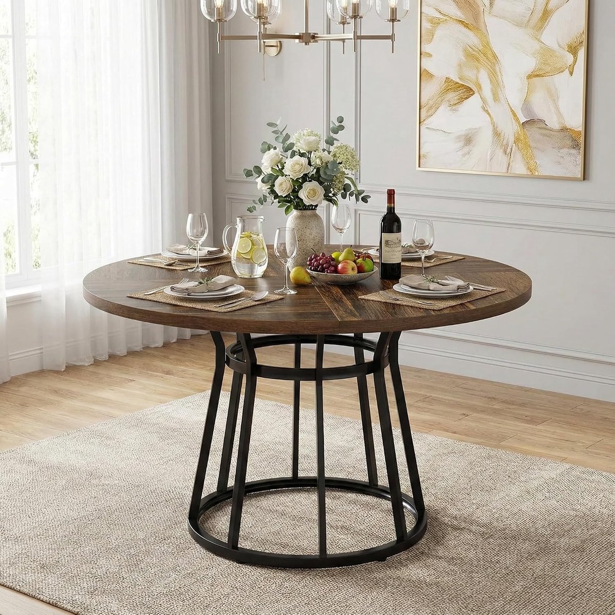 120cm Eettafel, Eetkamertafel Rond, Kitchen Dining Table, Houten Eettafel, Dining Table For 4, 120 x 120 x 75 cm, Brown Black