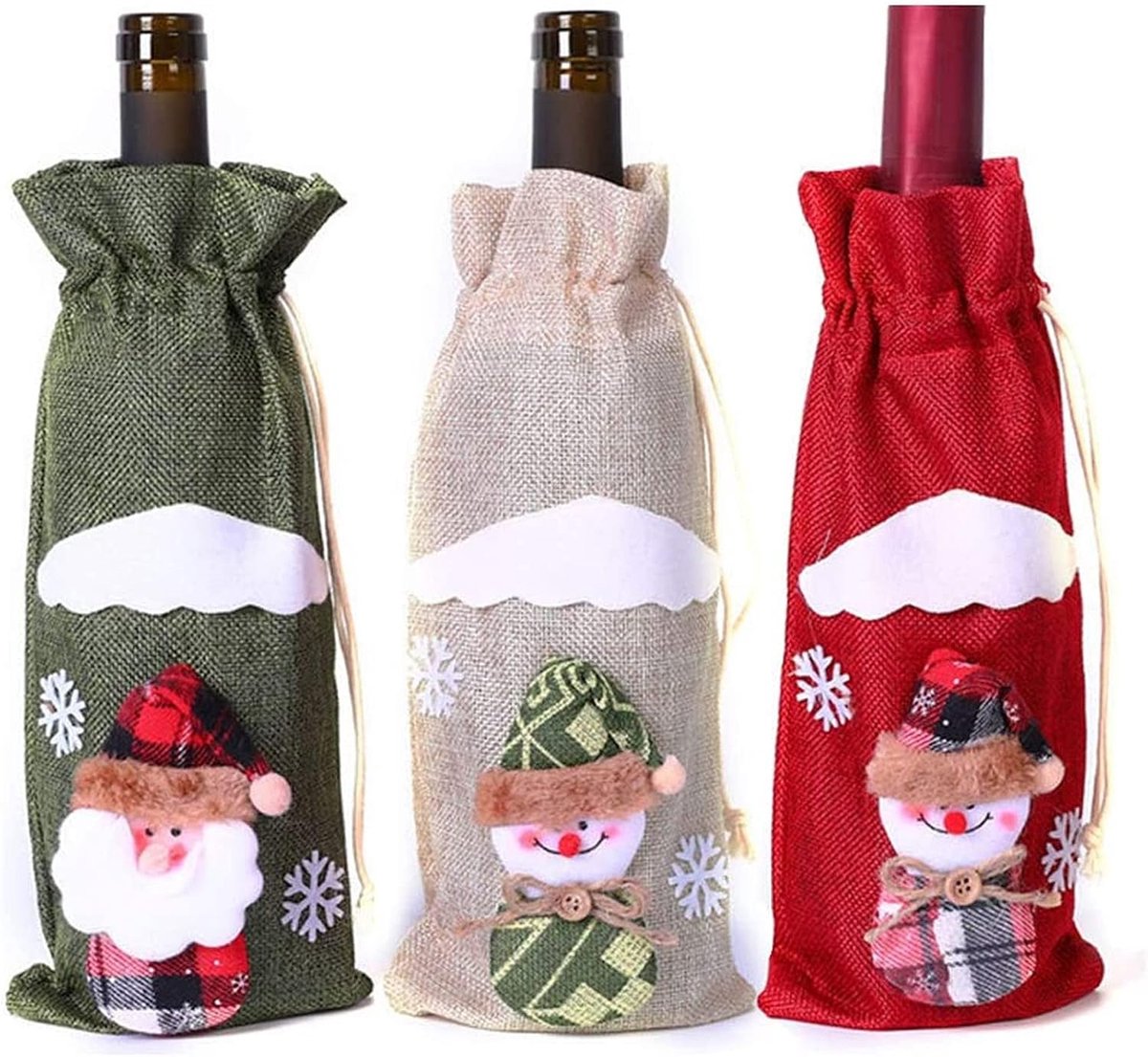 3 stuks kerstwijnflessen, kerst-wijnfleshoes, kerstwijnflessen, cadeauzakjes, kerstman/sneeuwman/eland rode wijn, tassen voor Kerstmis tafel decoraties, C, borstzak