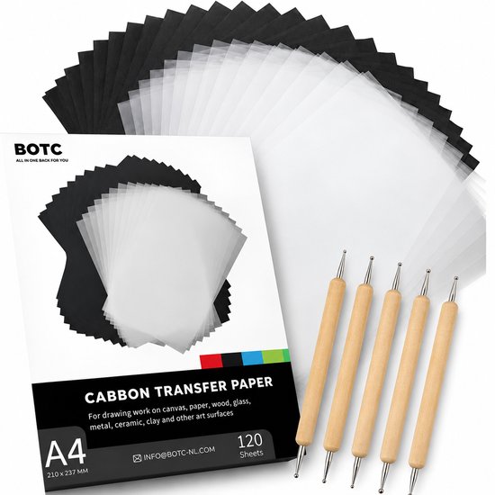 BOTC A4 Carbonpapier – 120 stuks – met 5 Overtrekpennen – Zwart – Carbonpapier voor Hobby en Tekenen / op hout